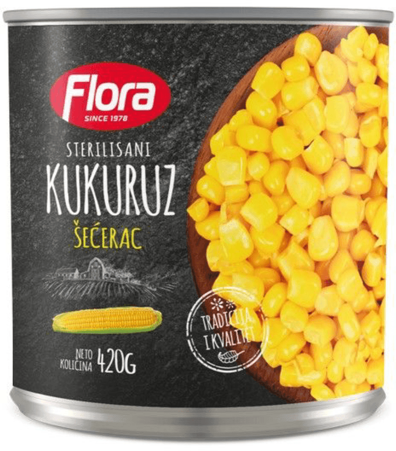 Can of Flora sterilized sweet corn with corn image on label, 420g net weight.