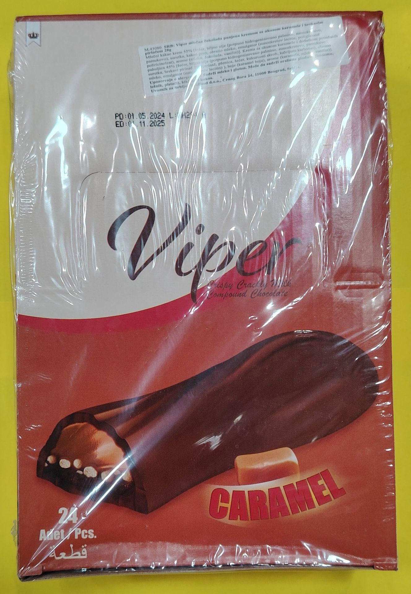 Package of chocolate-coated caramel bars named Viper, containing 24 pieces.