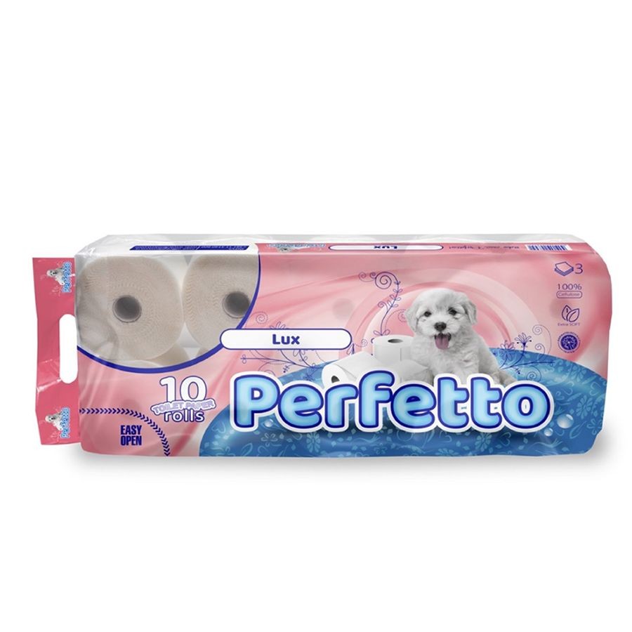 Packaging of Perfetto Lux toilet paper with a small dog image and pink-blue design.